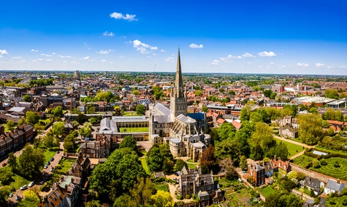 Aerial,View,Of,Norwich,Cathedral,Located,In,Norwich,,Norfolk,,Uk