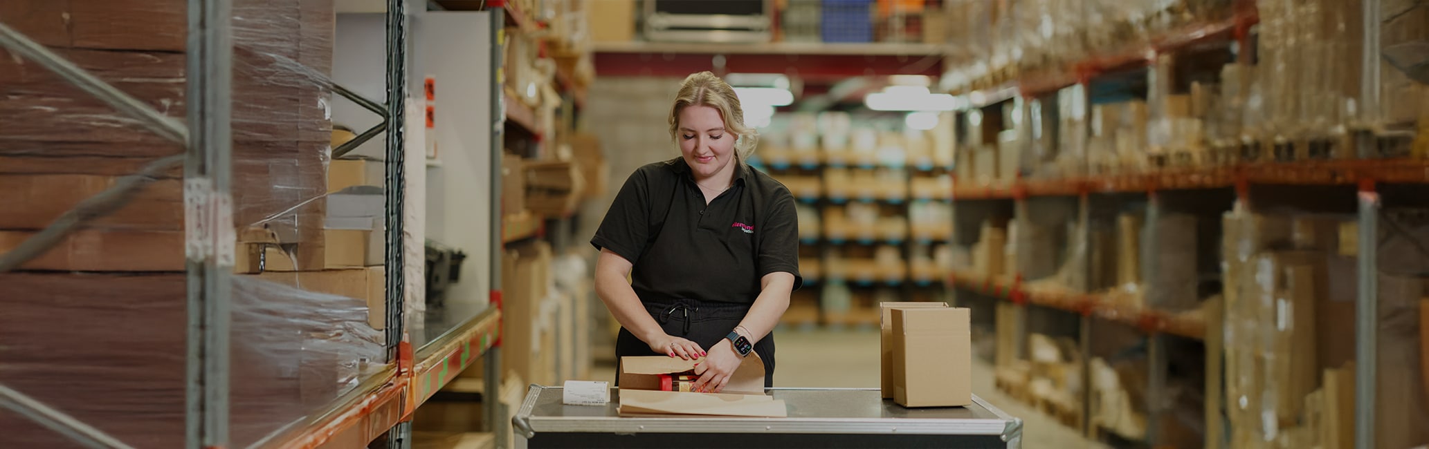 A Diamond Logistics employee wraps bottles of hot sauce in a warehouse