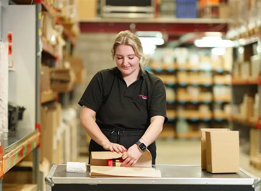 A Diamond Logistics employee wraps bottles of hot sauce in a warehouse