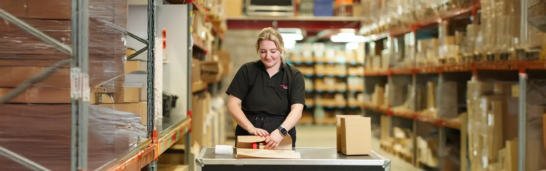 A Diamond Logistics employee wraps bottles of hot sauce in a warehouse